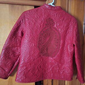 AL Wissam RED Embroidered Leather Jacket SM/4 Red Glass Eyed Peacock